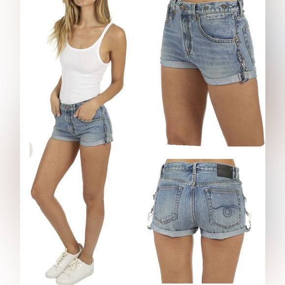 R13 $345 Hook Adjustable Cut Off Cuffed Jasper Blue Denim Jean Shorts SZ 27 - Picture 3 of 16